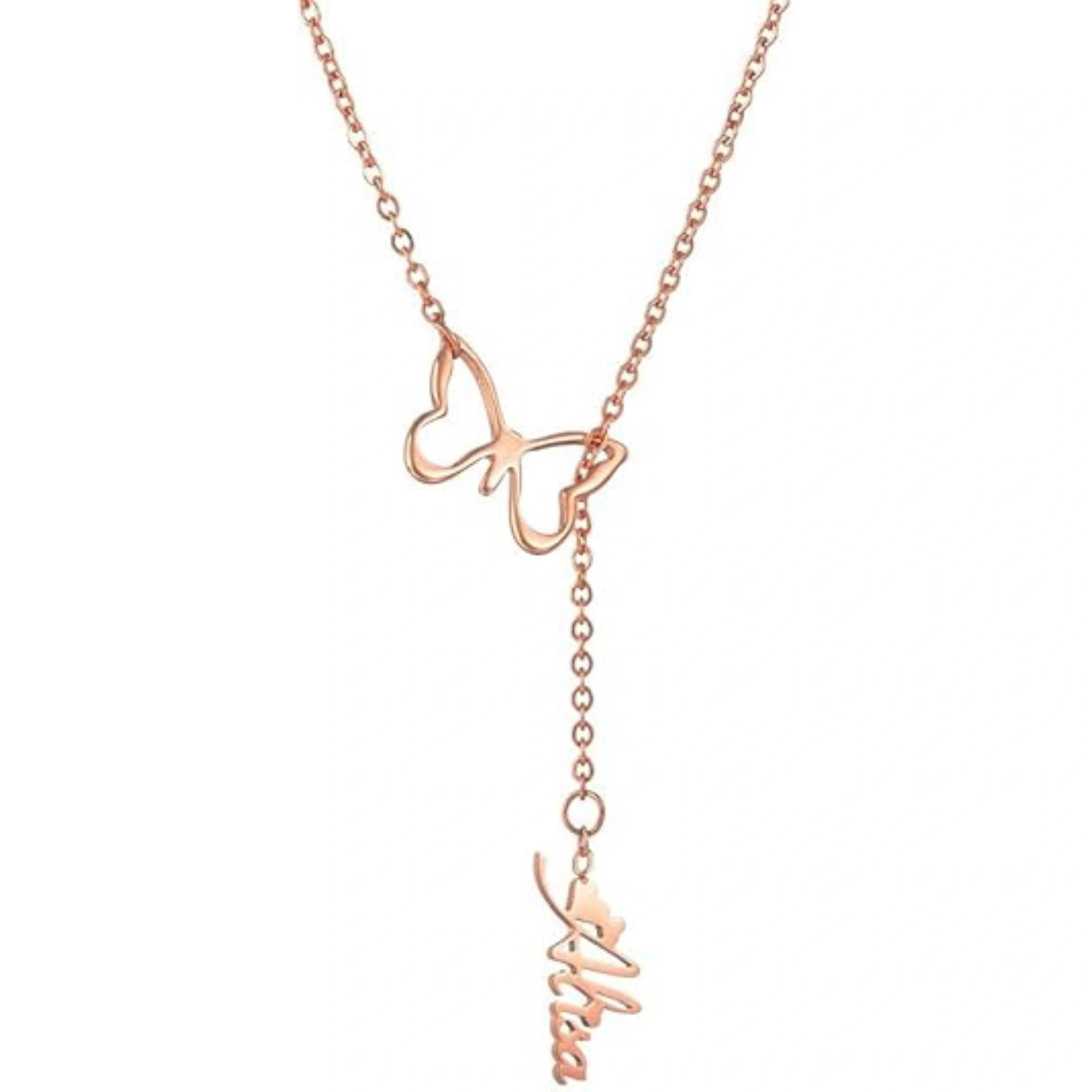 Personalized Butterfly Name Y-Necklace - Custom Vertical Nameplate Pendant with Butterfly Charm for Women & Girls