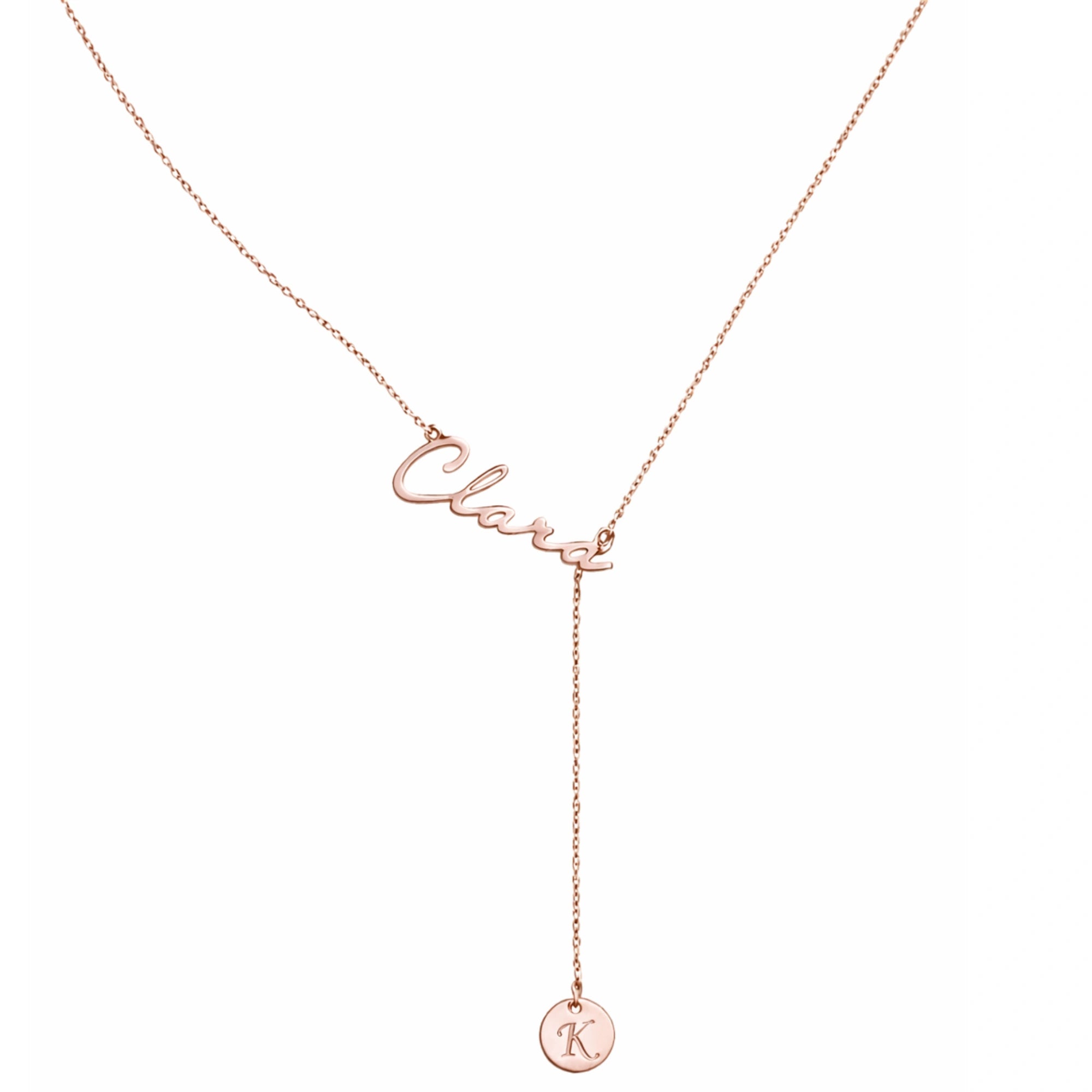 Personalised Signature Name & Initial Disc Y-Lariat Necklace – Personalized Lariat Nameplate with Alphabet Coin Drop