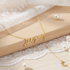 Custom Script Name & Crescent Moon Y-Lariat Necklace – Personalized Lariat Nameplate with Celestial Moon Charm