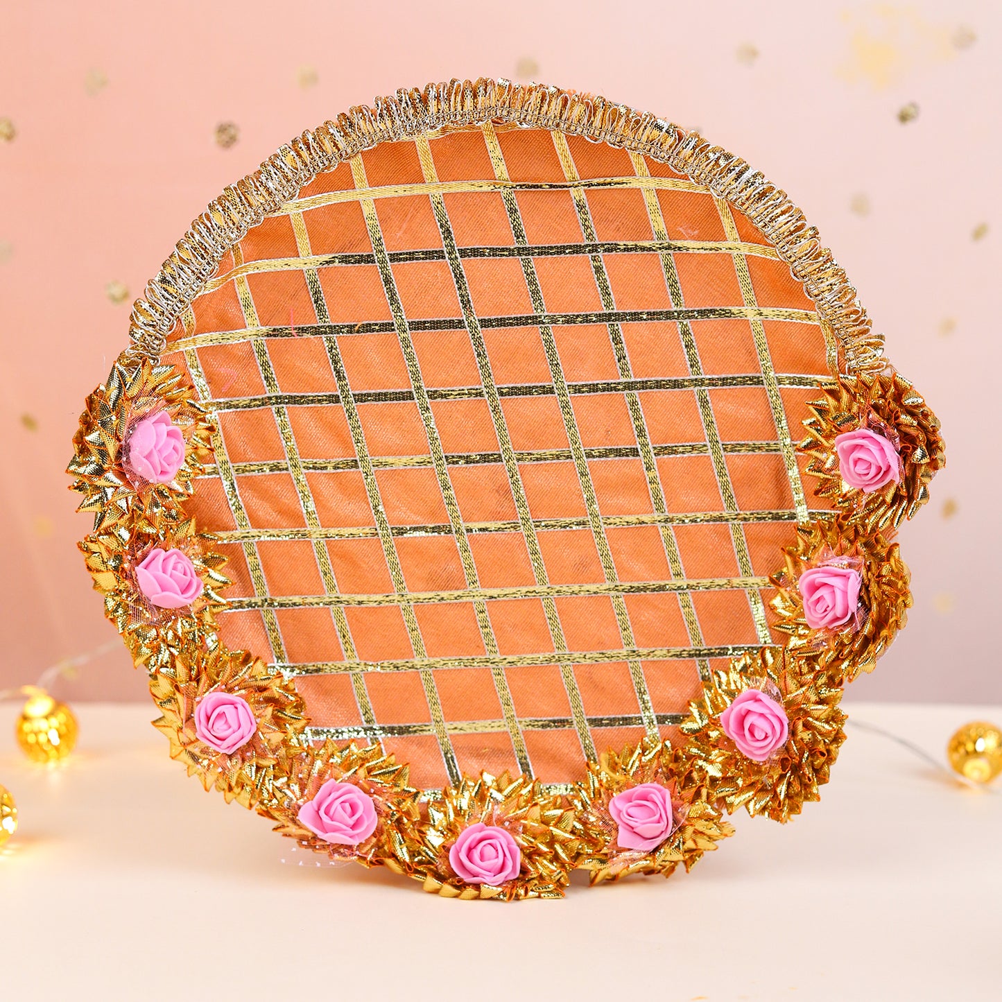 Orange Chequered Karwa Chauth Thali Set | Steel Thali