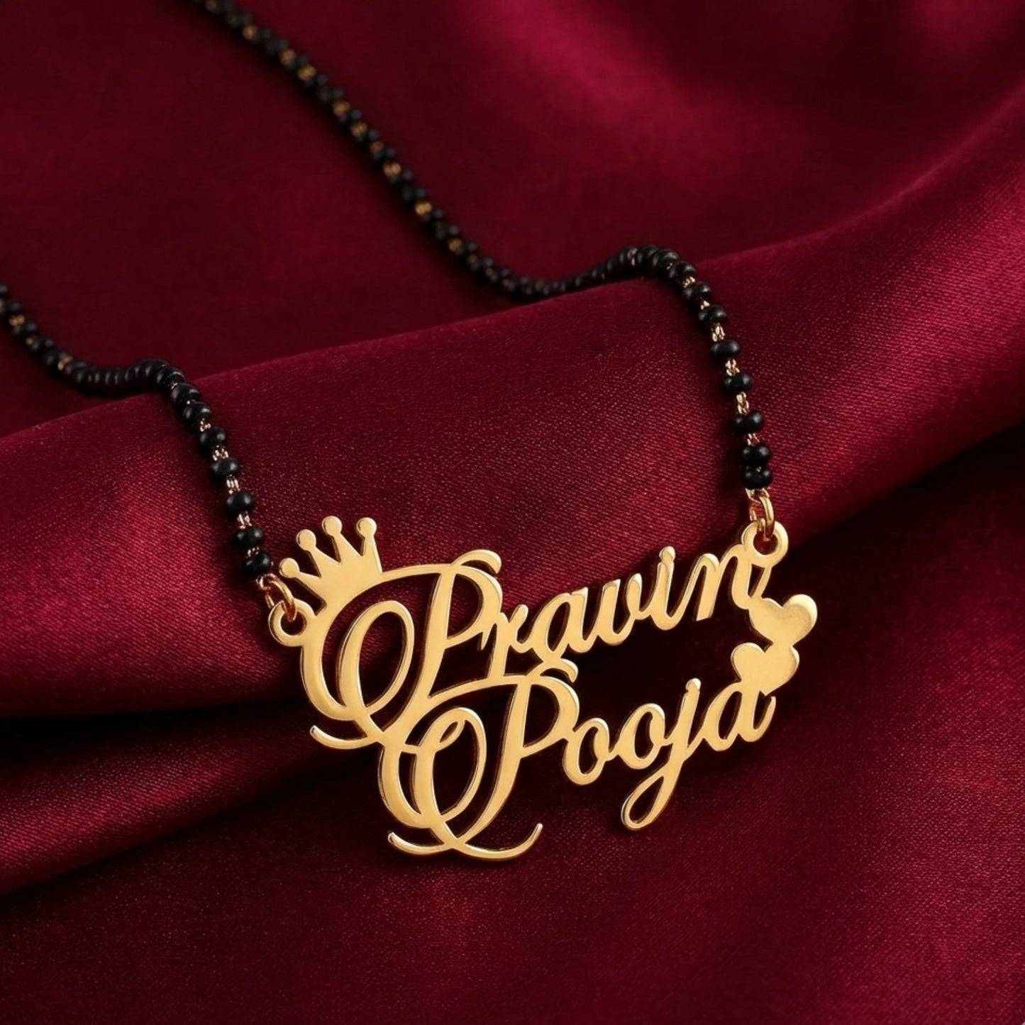 Personalized Crown & Heart Couple Name Mangalsutra – Gold Plated Double Name Pendant