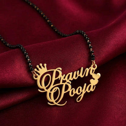 Personalized Crown & Heart Couple Name Mangalsutra – Gold Plated Double Name Pendant