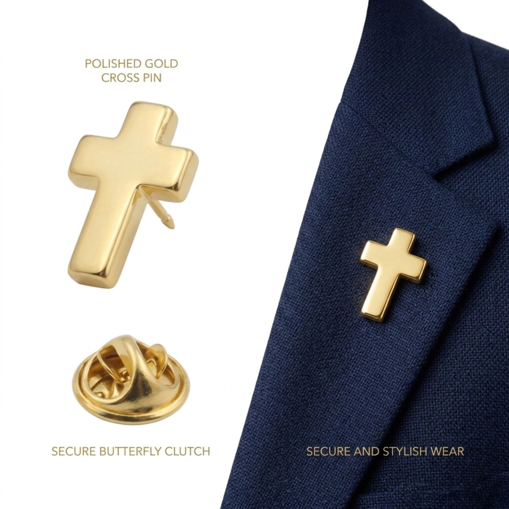 Cross Brooch Pin for Men & Women – Gold Christian Cross Lapel Pin for Suit, Coat, Blazer & Shirt | Religious Designer Brooch Gift