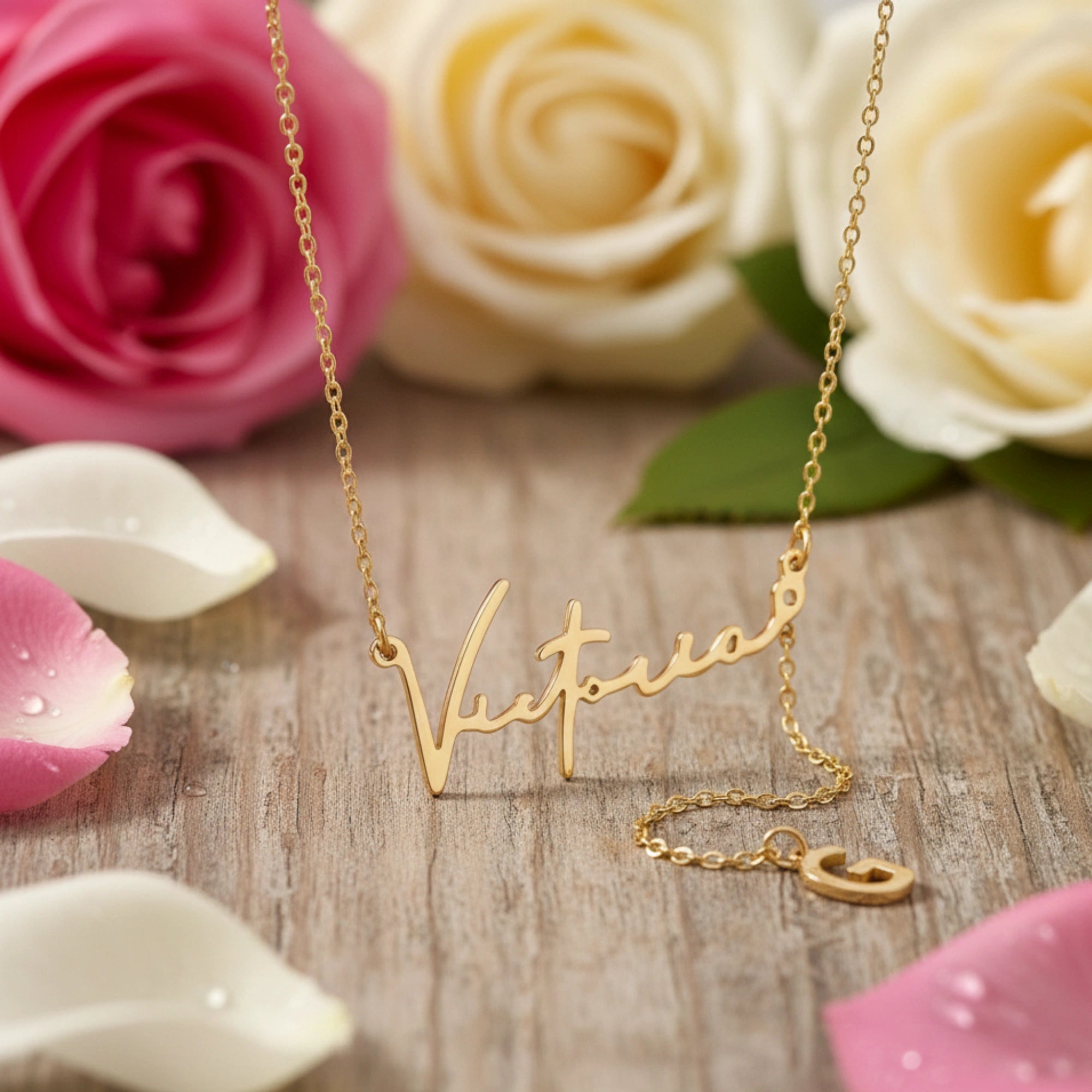 Custom Signature Name & Initial Y-Lariat Necklace – Personalized Script Nameplate with Dainty Alphabet Drop