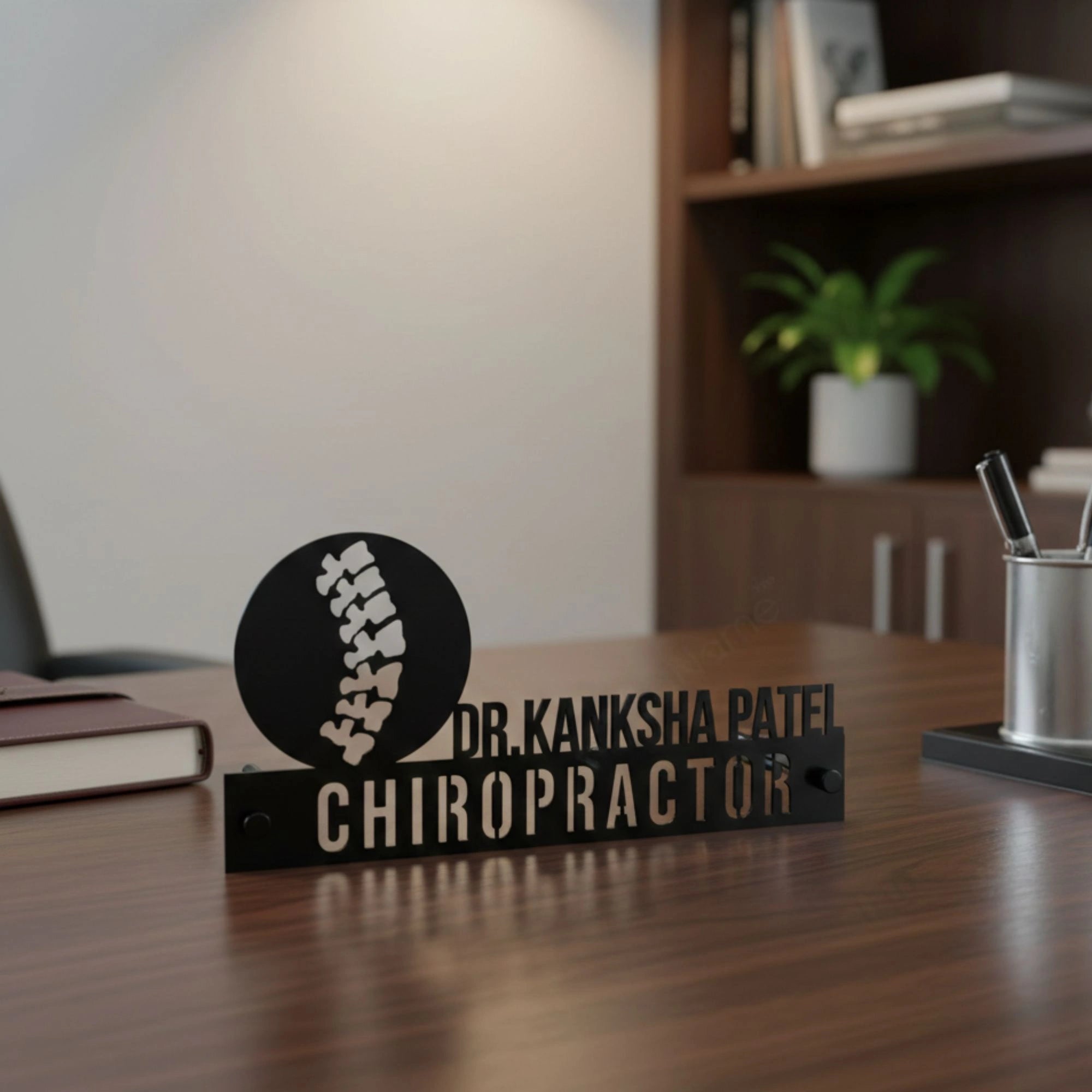 Custom Chiropractor Desk Name Plate - Personalized Stainless Steel Doctor Desk Sign, Spine Anatomy Medical Office Decor