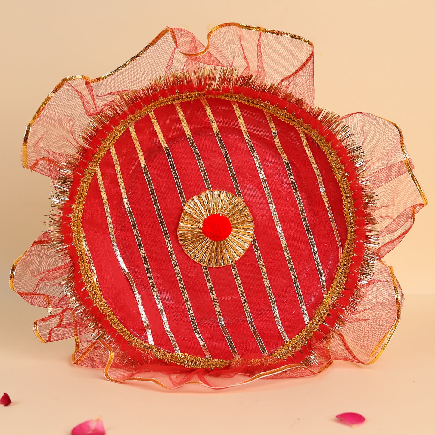 Karwa Chauth Thali Set Red and Golden | Steel Pooja Thali