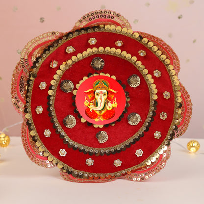Blessings in Red Ganesha-Themed Karwa Chauth Thali Set | Steel Thali