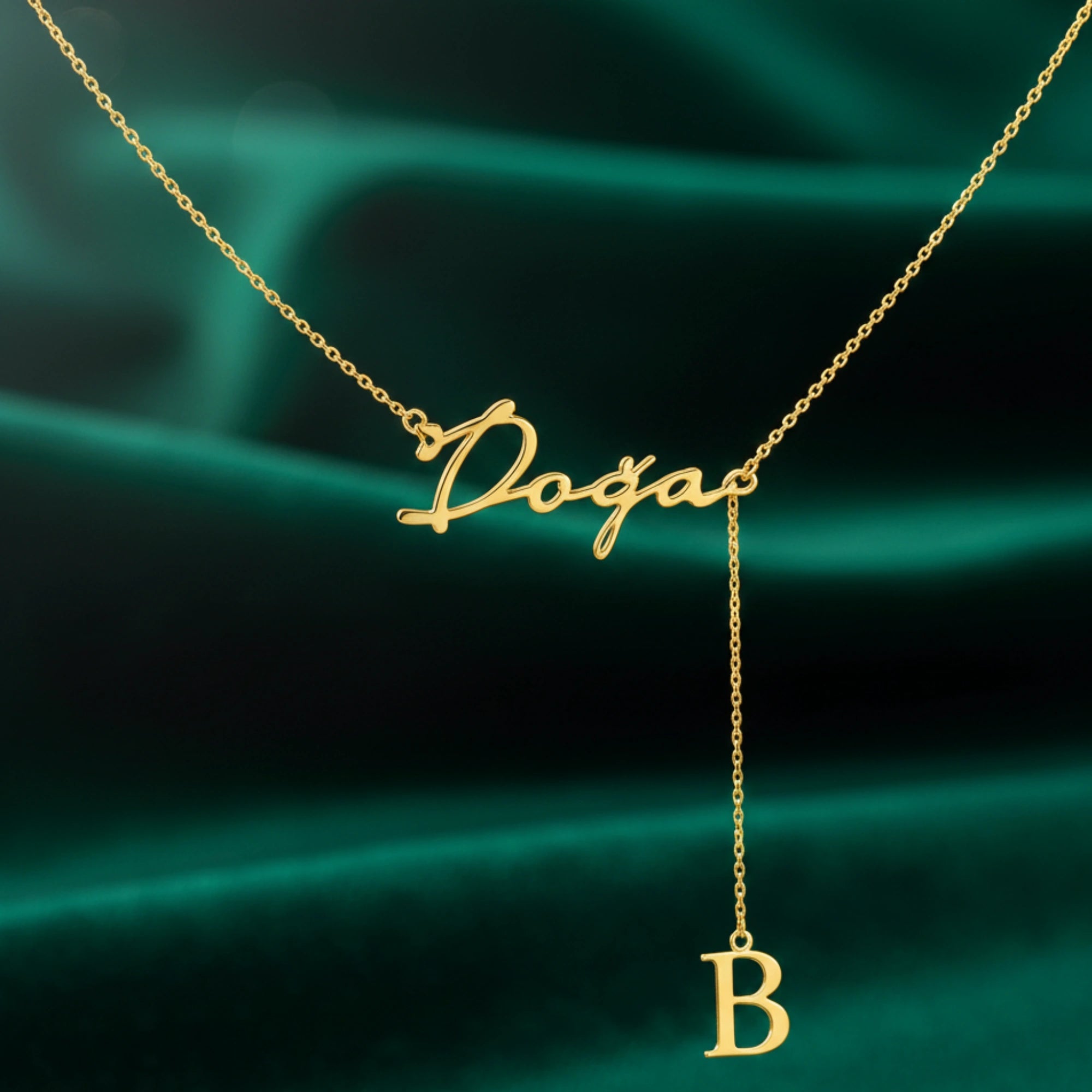 Custom Script Name & Initial Y-Lariat Necklace – Personalized Lariat Nameplate with Drop Alphabet Letter