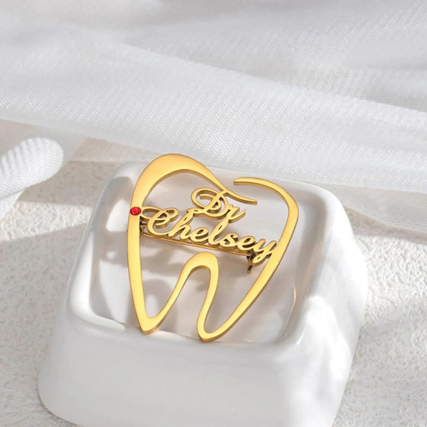 Customised Tooth Name Brooch Pin with Red Stone | Custom Dental Brooch