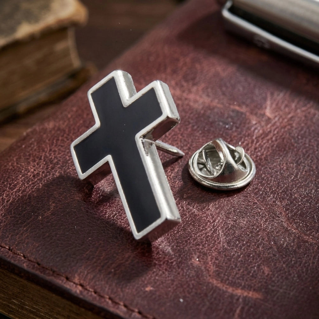 Elegant Men’s Black Cross Brooch - Religious Faith Lapel Pin in Premium Brass- Christian Wedding & Suit Accessory Gift