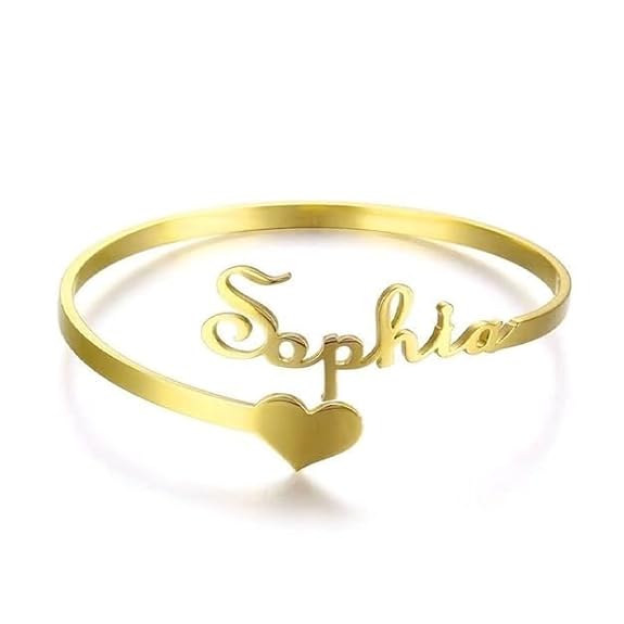 Personalised Name Cuff Bracelet for Women & Girls | Customised Name Kada Bangle with Heart | Stainless Steel Gold Plated Personalised Jewellery Gift for Her