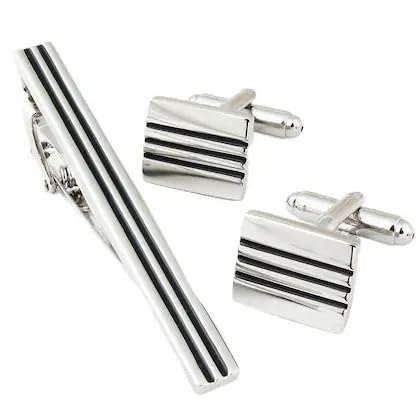 Moskai Silver Finish Striped Enamel Square Cufflinks & Tie Clip Set