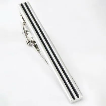 Moskai Silver Finish Striped Enamel Square Cufflinks & Tie Clip Set
