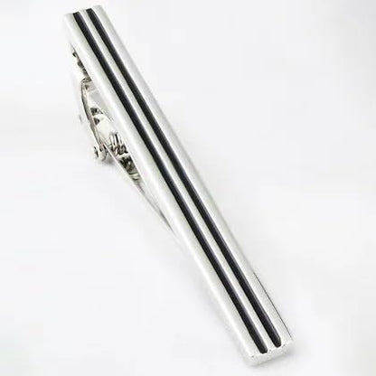 Moskai Silver Finish Striped Enamel Square Cufflinks & Tie Clip Set