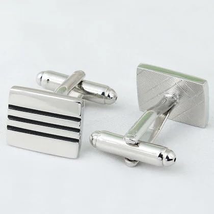 Moskai Silver Finish Striped Enamel Square Cufflinks & Tie Clip Set