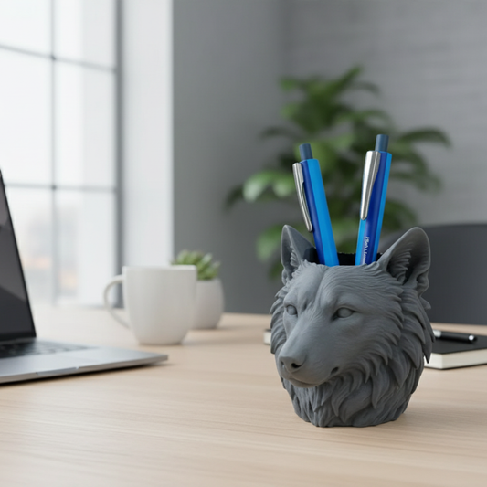 3D Grey Wolf Face Pen Stand | Unique Stationery Gift | Moskai Cool Desk Collection | Eco-Friendly