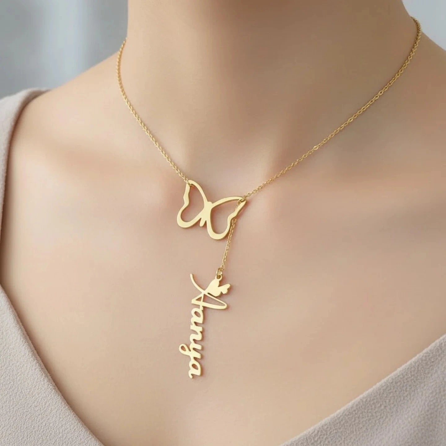 Personalized Butterfly Name Y-Necklace - Custom Vertical Nameplate Pendant with Butterfly Charm for Women & Girls