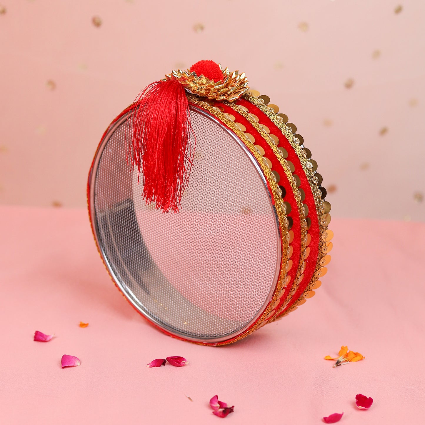 Red Designer Karwa Chauth Thali Set with Cover | Steel Thali Channi and Kalash