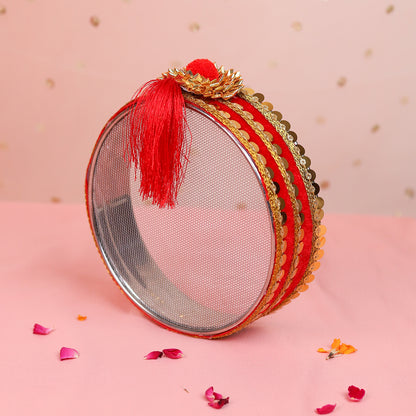 Red Designer Karwa Chauth Thali Set with Cover | Steel Thali Channi and Kalash