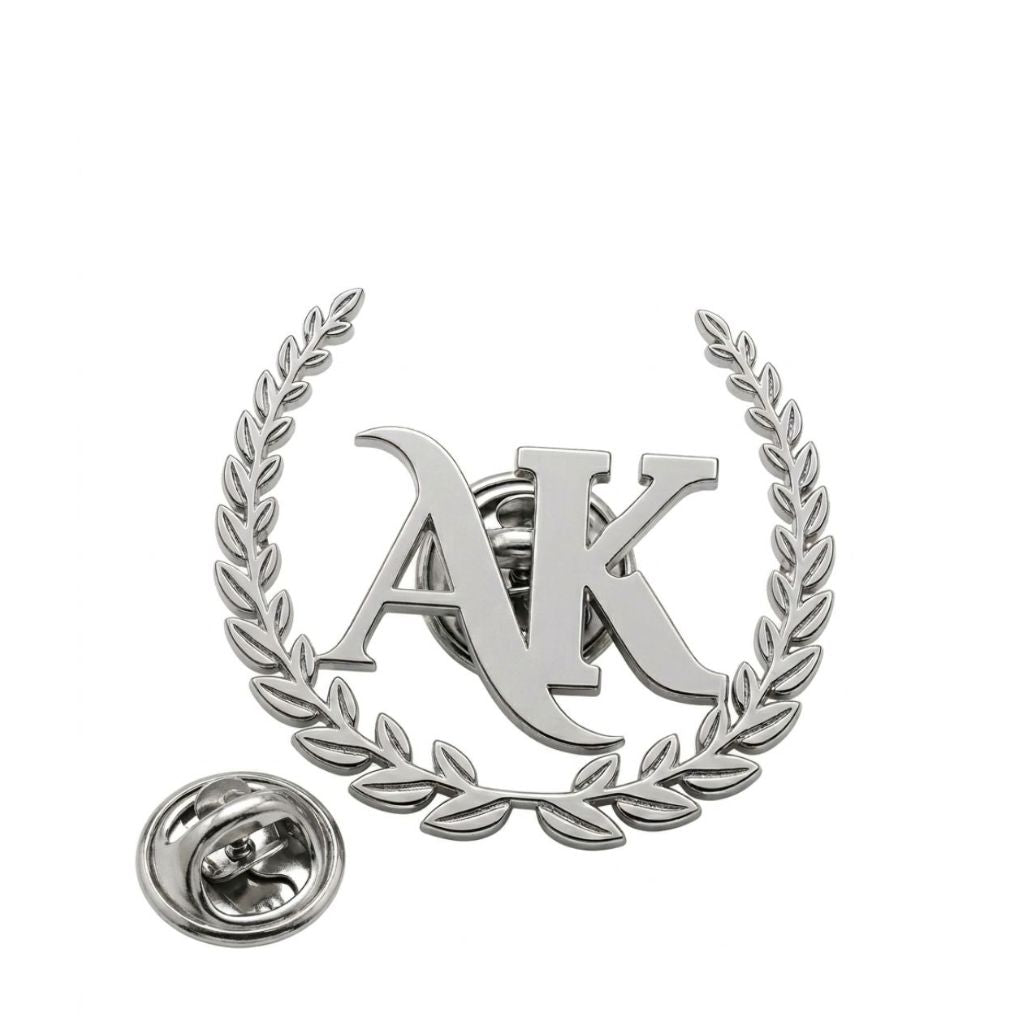 Gold Laurel Wreath Monogram 'AK' Crest Brooch Pin for Suits & Accessories