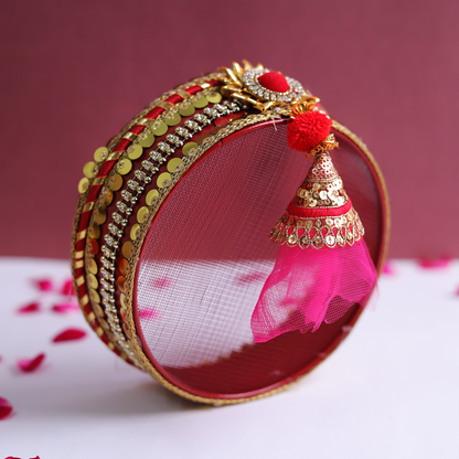 MOSKAI Custom Photo Thali with Gold and Red | Personalized Decorative Pooja Thali