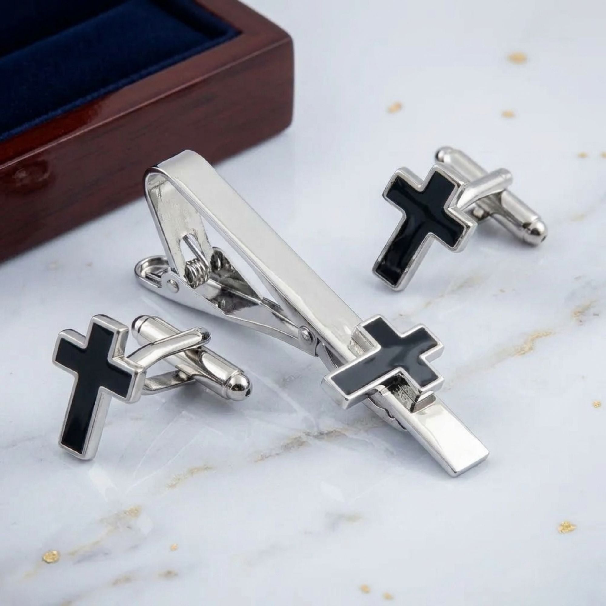 Premium Men’s Black Cross Cufflinks & Tie Clip Combo Set- Luxury Christian Gift Set for Weddings & Office Wear