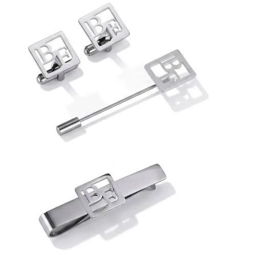 Custom Square Initial Cufflinks, Tie Clip & Lapel Pin Set - Personalized 3-Piece Men's Gift Combo