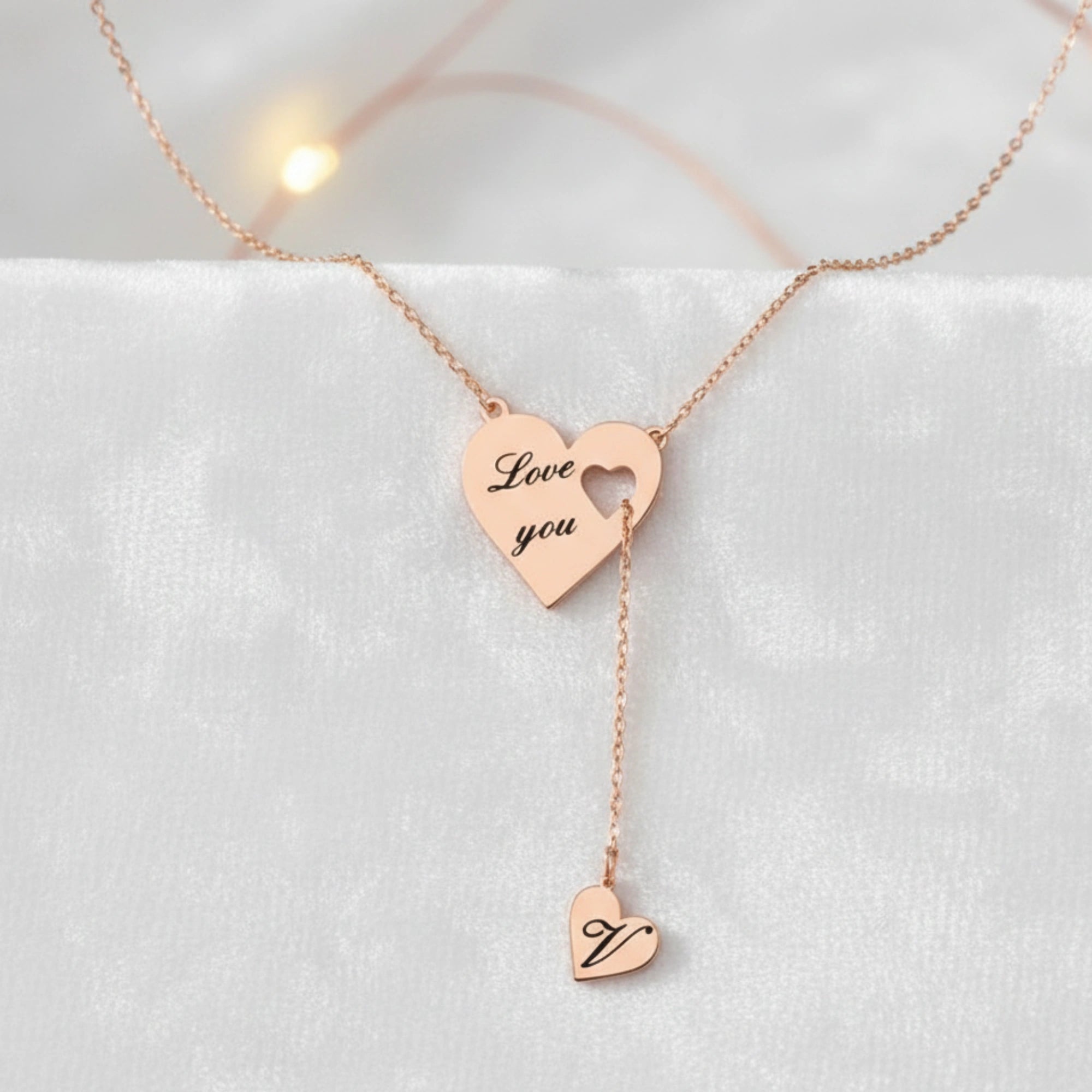 Personalized Heart Y-Lariat Necklace with Custom Initial – Engraved "Love You" Pendant-Romantic Birthday & Anniversary Gift for Her