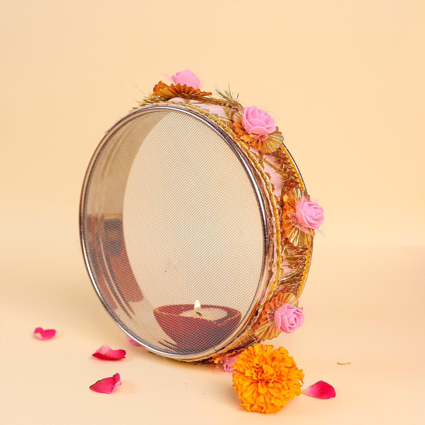 Light Gold Karwa Chauth Thali Set | Steel Pooja Thali with Channi and Kalash