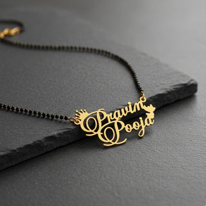 Personalized Crown & Heart Couple Name Mangalsutra – Gold Plated Double Name Pendant