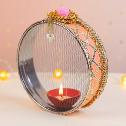 Orange Chequered Karwa Chauth Thali Set | Steel Thali