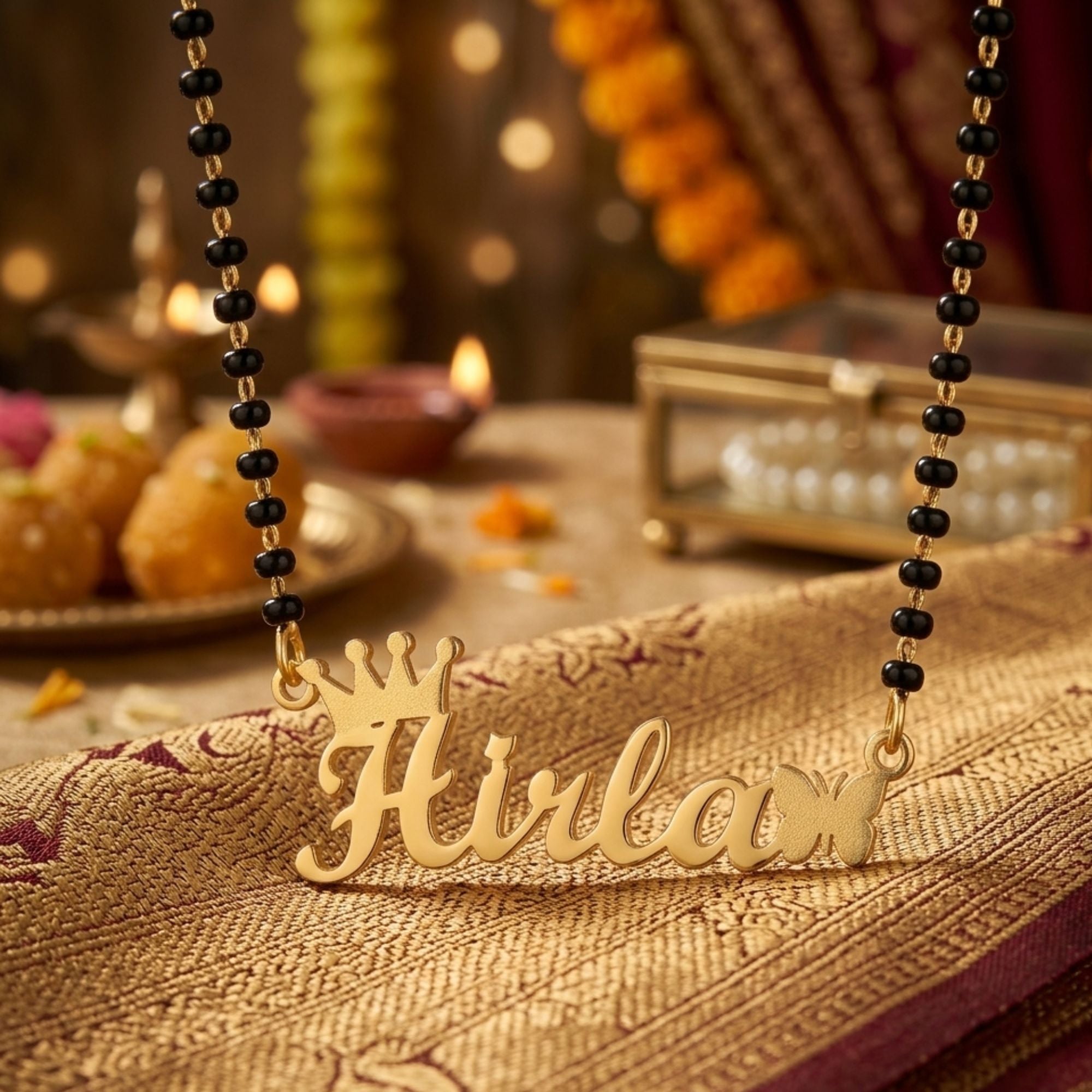Personalized Name Mangalsutra with Crown & Butterfly Design  – Short Mangalsutra Style Custom Black Bead Chain for Women