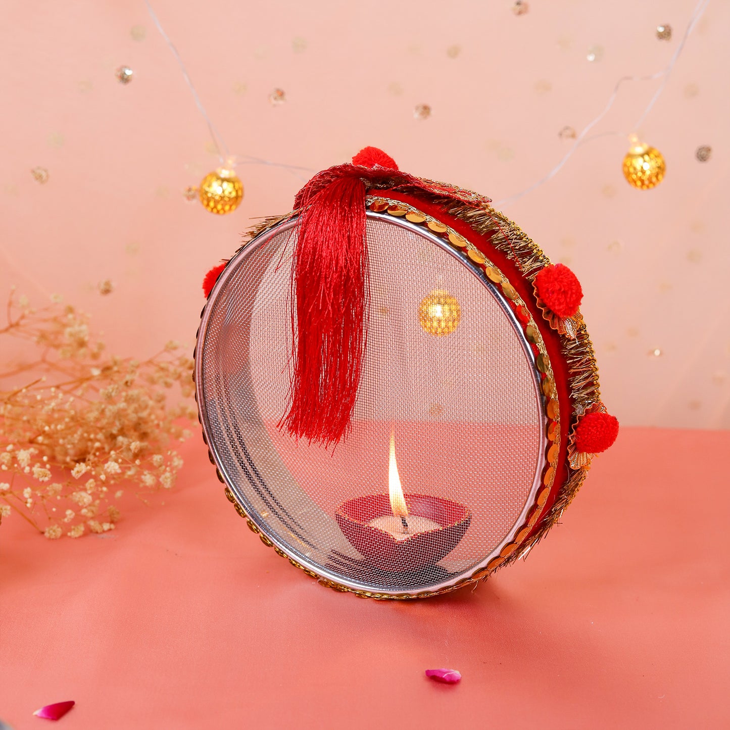 Karwa Chauth Thali Set with Cover | Red Mirror Finish Steel Thali