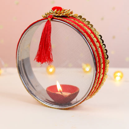 Blessings in Red Ganesha-Themed Karwa Chauth Thali Set | Steel Thali