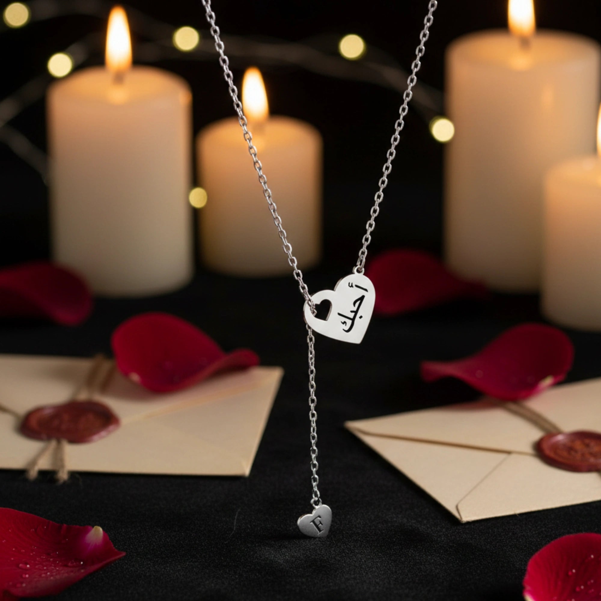 Custom Arabic Name & Initial Double Heart Y-Lariat Necklace – Personalized Arabic Script Pendant with Dainty Initial Drop