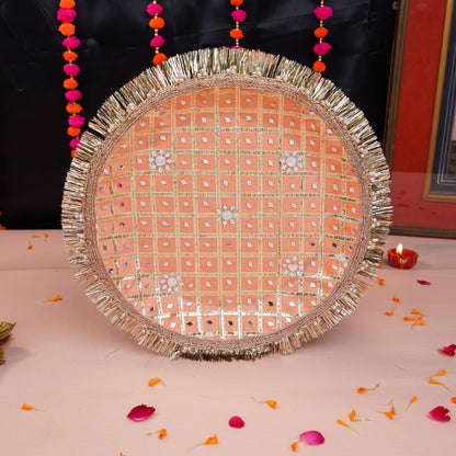 Peachy Mirror Magic Karwa Chauth Thali Set | Peach Colour Star Design