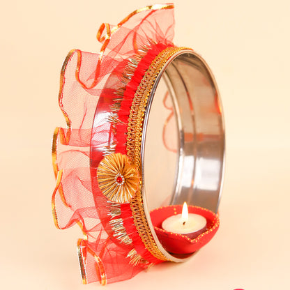 Karwa Chauth Thali Set Red and Golden | Steel Pooja Thali
