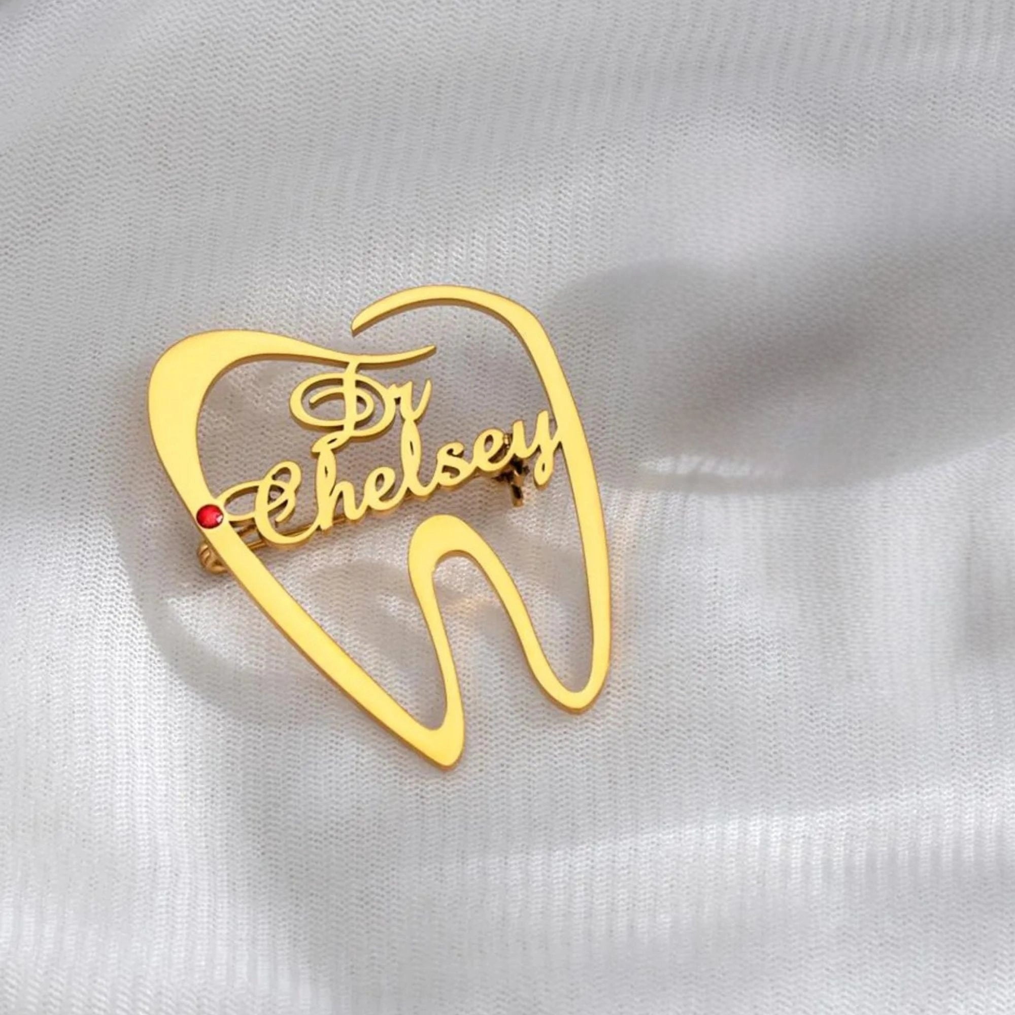 Customised Tooth Name Brooch Pin with Red Stone | Custom Dental Brooch