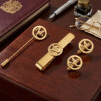 Custom Round Initial Cufflinks, Tie Clip & Lapel Pin Combo - Personalized Brass Men’s Accessory Set