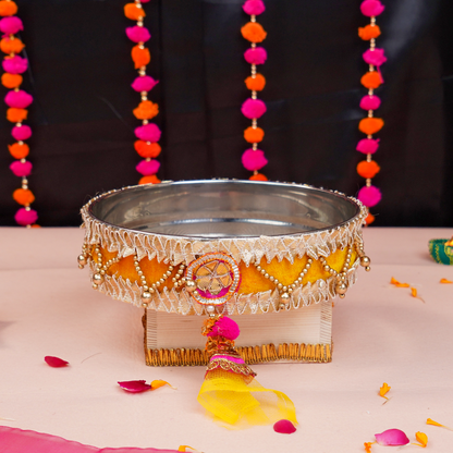 MOSKAI Yellow Thali Set | Decorative Pooja Thali | Festival Aarti Plate