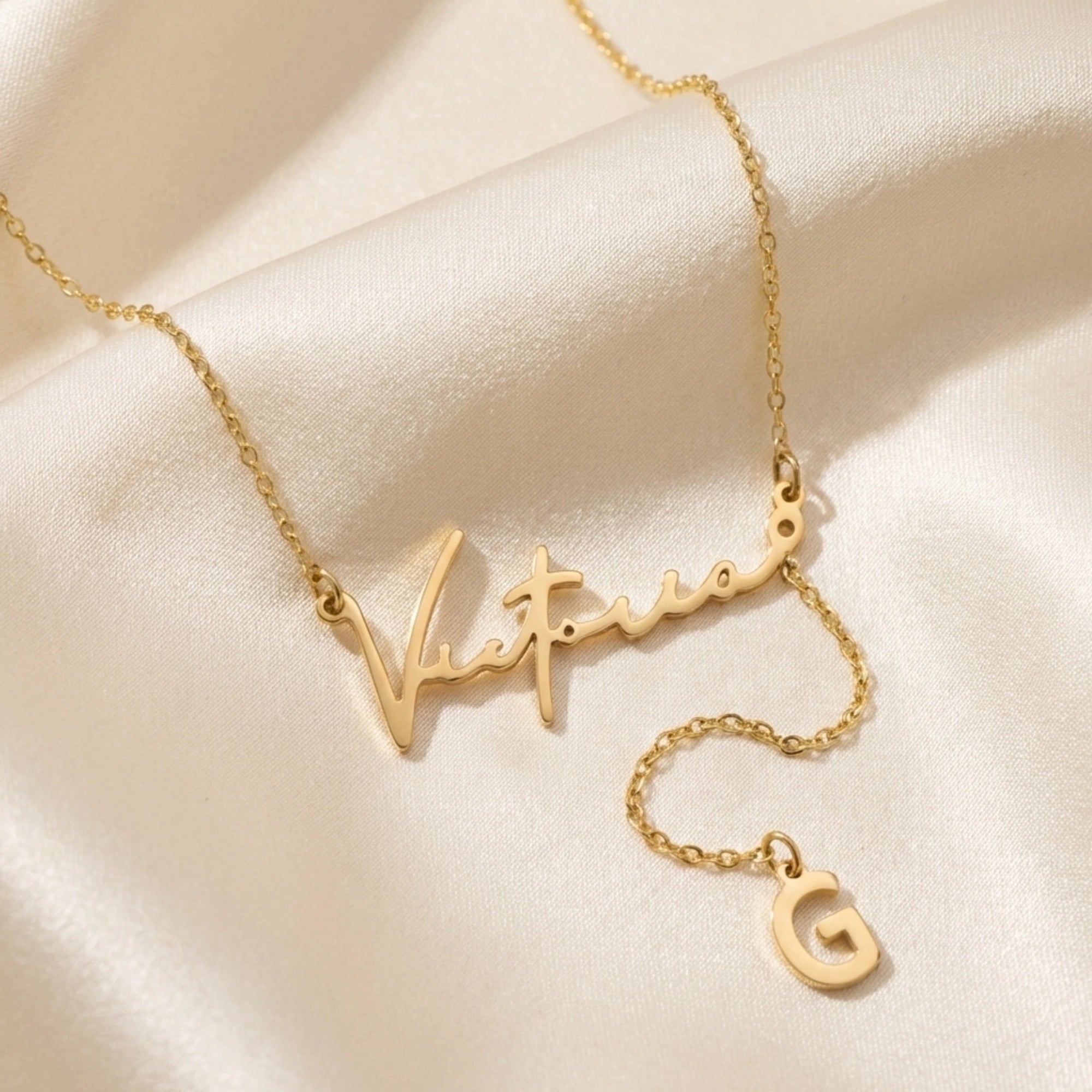 Custom Signature Name & Initial Y-Lariat Necklace – Personalized Script Nameplate with Dainty Alphabet Drop