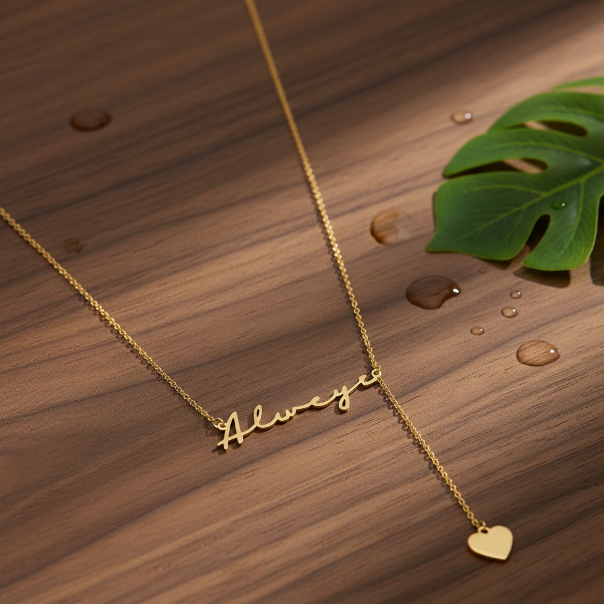 Custom Script Name & Heart Charm Y-Lariat Necklace – Personalized Lariat Nameplate with Dainty Heart Pendant