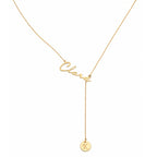 Personalised Signature Name & Initial Disc Y-Lariat Necklace – Personalized Lariat Nameplate with Alphabet Coin Drop