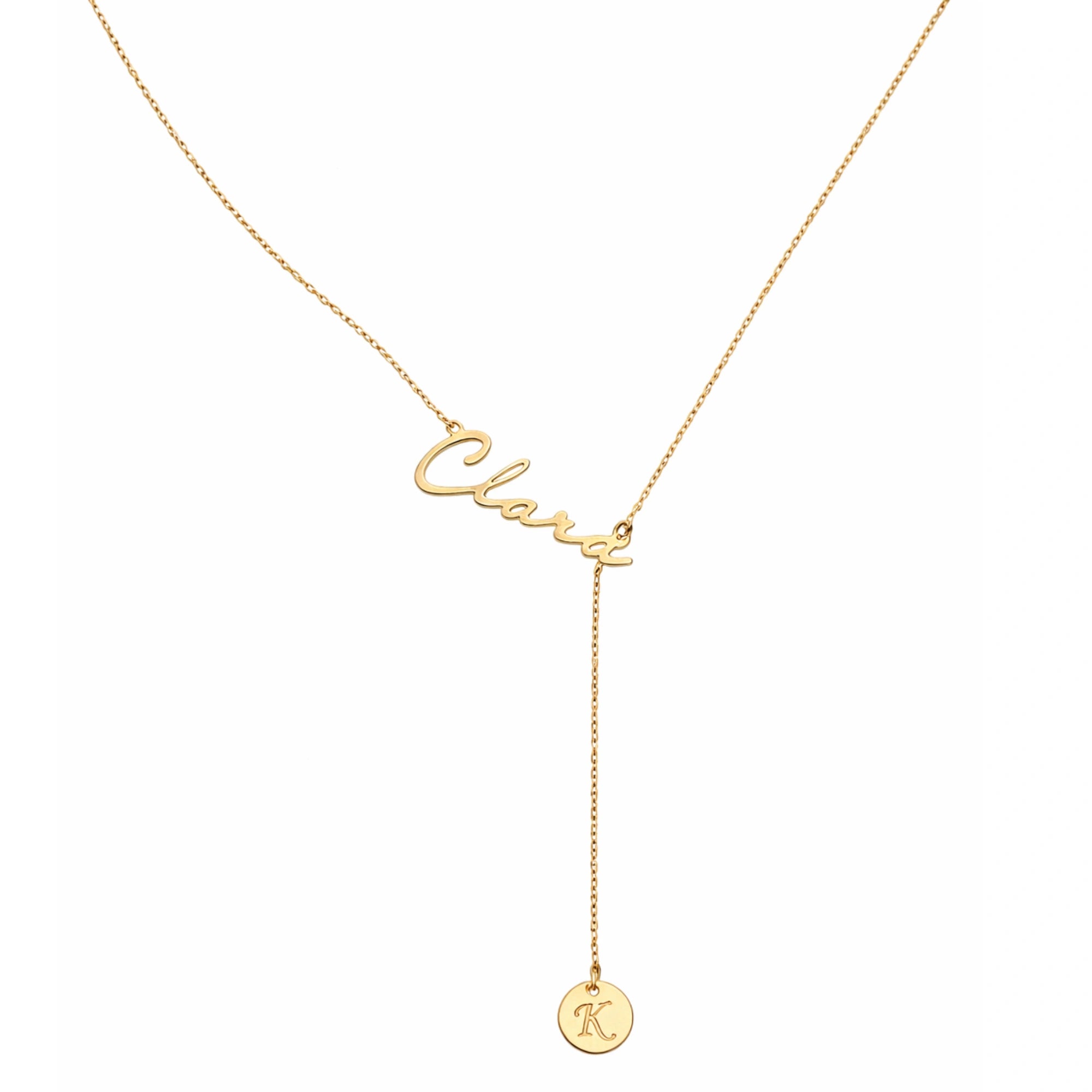 Personalised Signature Name & Initial Disc Y-Lariat Necklace – Personalized Lariat Nameplate with Alphabet Coin Drop