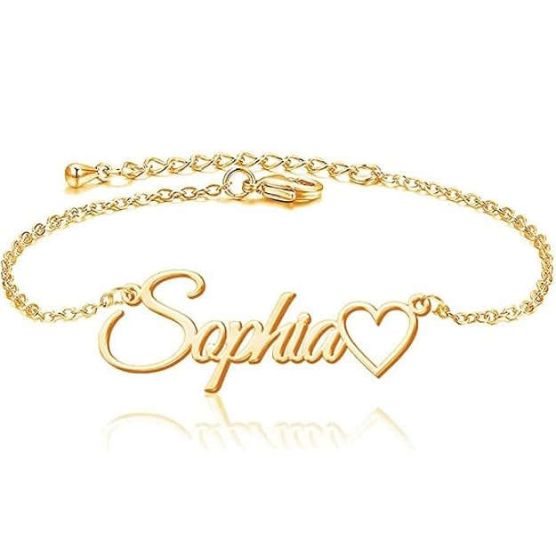 Personalized Chain Name Bracelet with Heart - Gold Plated Custom Nameplate for Women & Girls