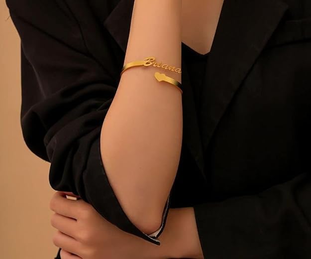 Personalised Name Cuff Bracelet for Women & Girls | Customised Name Kada Bangle with Heart | Stainless Steel Gold Plated Personalised Jewellery Gift for Her
