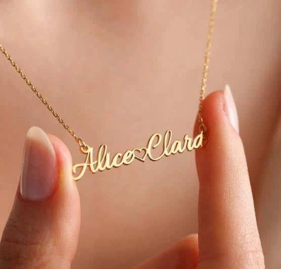 Customized Two Name Necklace with Heart - Personalized Double Nameplate Pendant for Women