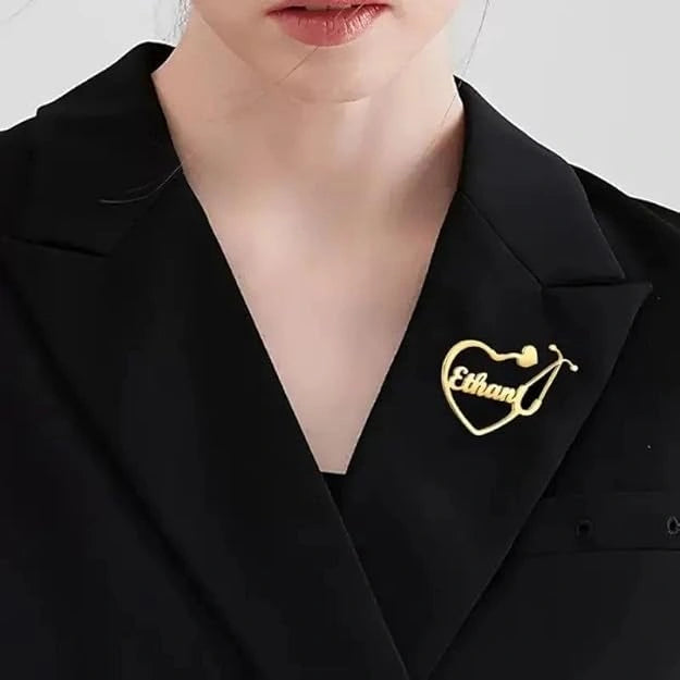 Personalized Heart Shape Stethoscope Name Brooch – Custom Medical Lapel Pin