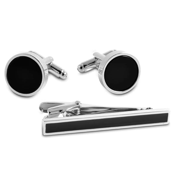 Moskai Silver Finish Black Round Enamel Cufflinks & Tie Clip Set for Men