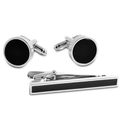 Moskai Silver Finish Black Round Enamel Cufflinks & Tie Clip Set for Men